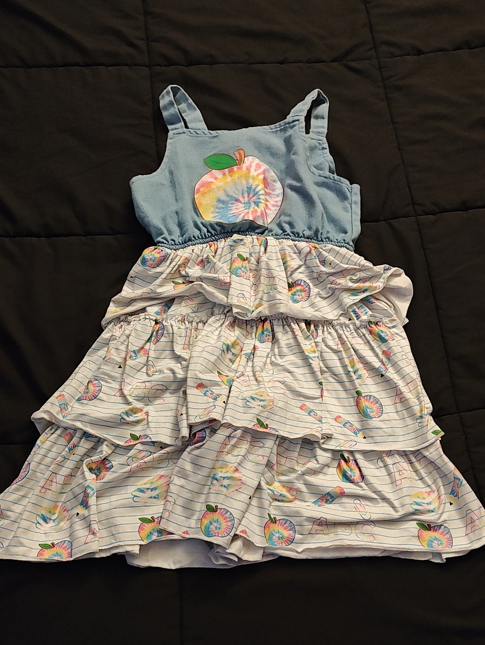 Girls Denim/Cotten Dress Girls w/apple | back to school dress | Sparkle in Pink